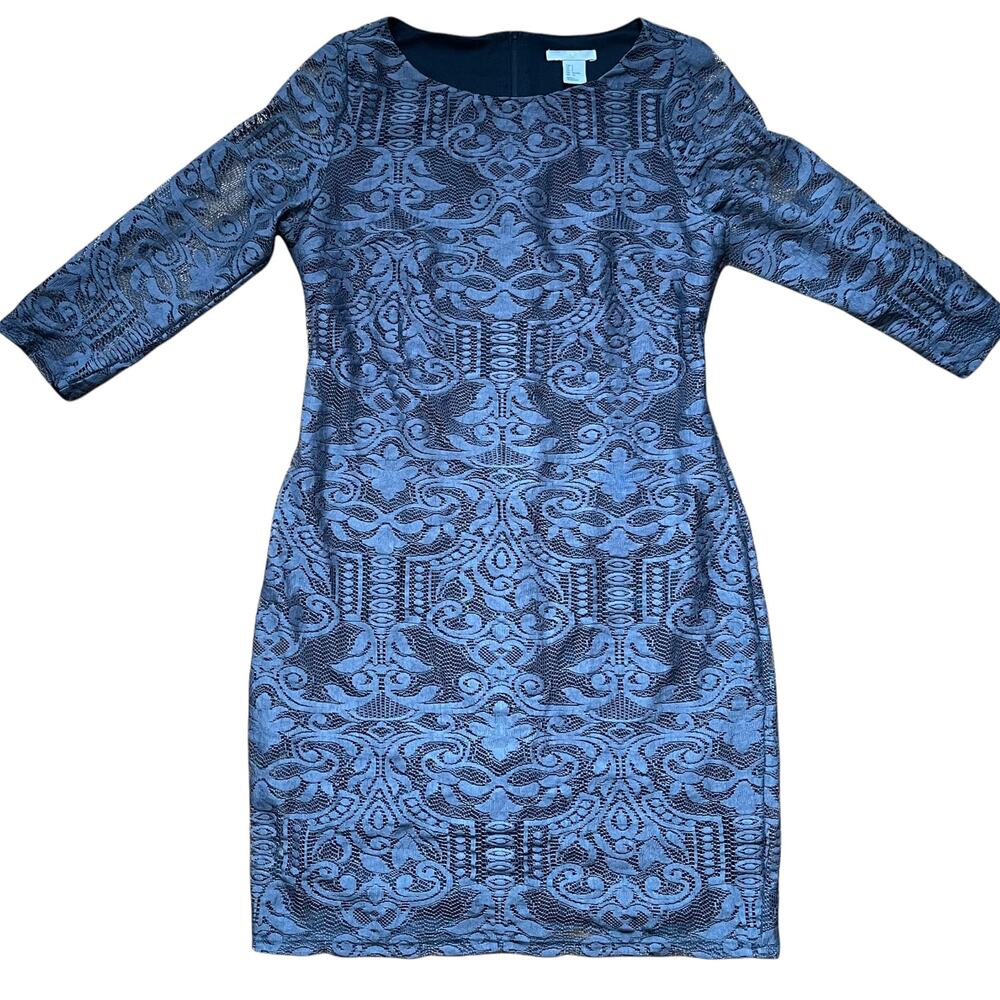 GRAY PATTERN "PEEK THROUGH" MIDI DRESS WITH ZIPPERED BACK & INNER LINER-LIKE NEW